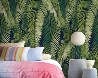 Dark Jungle Large Palm Leaf Wallpaper, Emerald Green Dark Tropical Wall Paper, Foliage Palm Leaves Wall Sticker