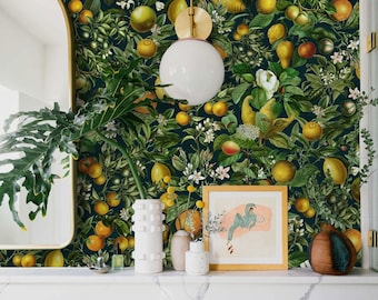 Citrus Lemon Emerald Wallpaper, Vintage Botanical Green Gold, Peel and Stick Remov