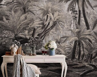 Vintage Grey Tropical Wallpaper Mural, Scenic Woodland Wall Paper with Palm Forest