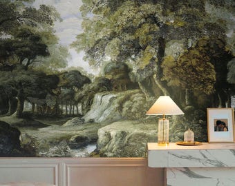 Sage Emerald Wallpaper Mural, Vintage Oak Forest Mushroom Woodland Paper