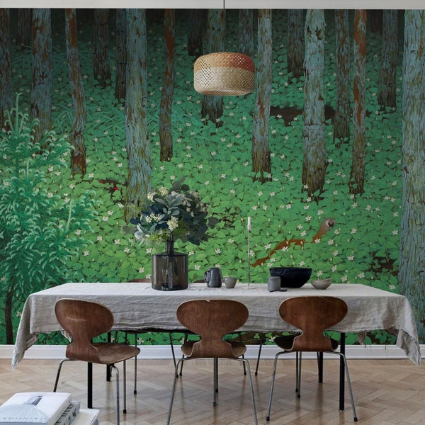Whimsical Woodland Scenic Wallpaper Mural, Landscape Mushroom Wallpaper, Vintage Wall Paper, Magical Forest Wallpaper Hand Painted Sticker