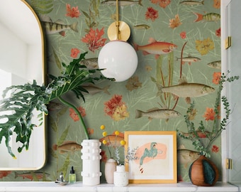 Sage Green Koi Fish Wallpaper, Tropical Coastal Wall Mural, Peel and Stick