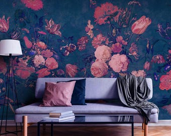 Navy Floral Chinoiserie Wallpaper, Bold Blue Dark Mural Wallpaper