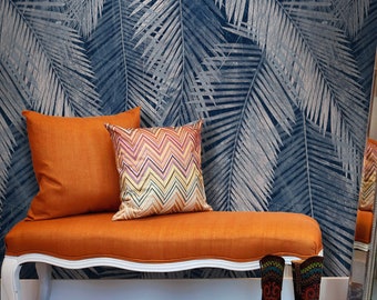 Navy Blue Wallpaper with Palm Frond Leaves, Leafy Big Print Wallpaper for Wall Decoration, Monochrome Jungle Wall Paper Sticker