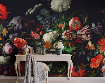 Floral Peel and Stick Wallpaper Mural, Dark Dutch Painting Eclectic Decor