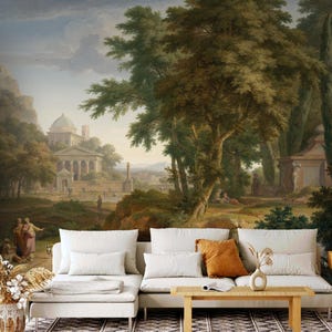 Vintage French Woodland Wallpaper, Ancient Castle Landscape Wallpaper Mural, Classic Toile Wall Paper with Antique Scenic Painting Mural.