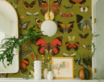 Sage Butterfly Wallpaper, Vintage Botanical bug Wall Paper with Insects & Bees