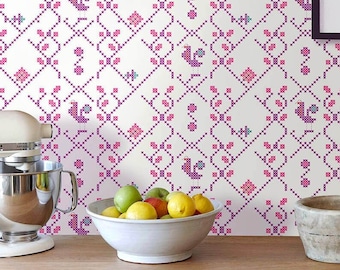 Scandinavian Ikat Waves Wallpaper, Retro Swedish Wallpaper, Geometric Peel and Stick Removable Wallpaper Sticker