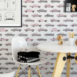 Jungen Tapete mit Vintage Autos, individuell bedruckte Kinderzimmer Tapete für Baby Jungen.