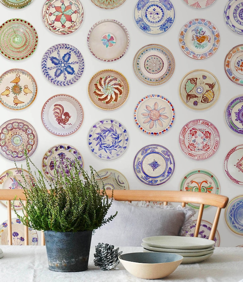 Boho Colorful Plates Cottage Wallpaper, Pastoral Dining Wallpaper with Rustic Plates, Unique Vintage Cottagecore Home Decor image 1