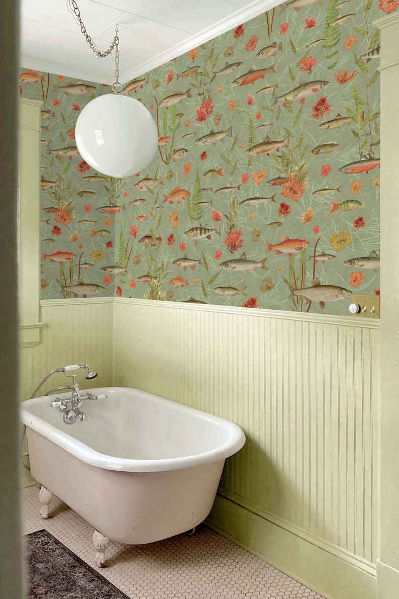 Sage Golden Koi Fish Wallpaper, Bathroom Wall Paper with Tropical Fish, Koi and Salmons Wall Mural Fish Peel and Stick, Vintage Reef Fishes image 5
