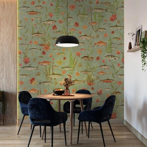 Sage Golden Koi Fish Wallpaper, Bathroom Wall Paper with Tropical Fish, Koi and Salmons Wall Mural Fish Peel and Stick, Vintage Reef Fishes image 6