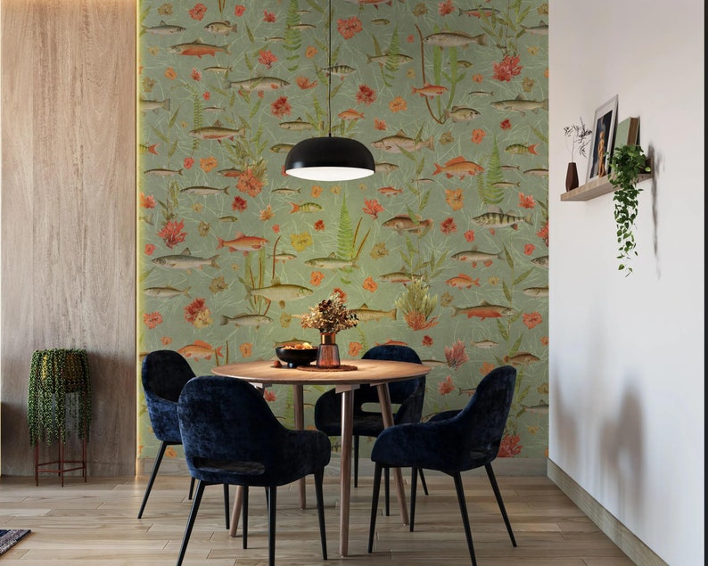 Sage Golden Koi Fish Wallpaper, Bathroom Wall Paper with Tropical Fish, Koi and Salmons Wall Mural Fish Peel and Stick, Vintage Reef Fishes image 6
