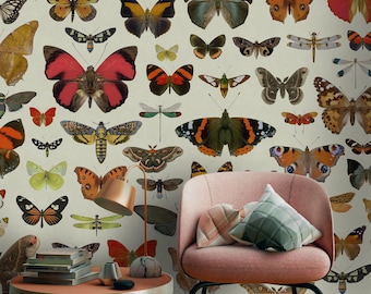 Beige Insects Butterfly Wallpaper, Vintage Entomology Wallpaper Mural for Eclectic Decor