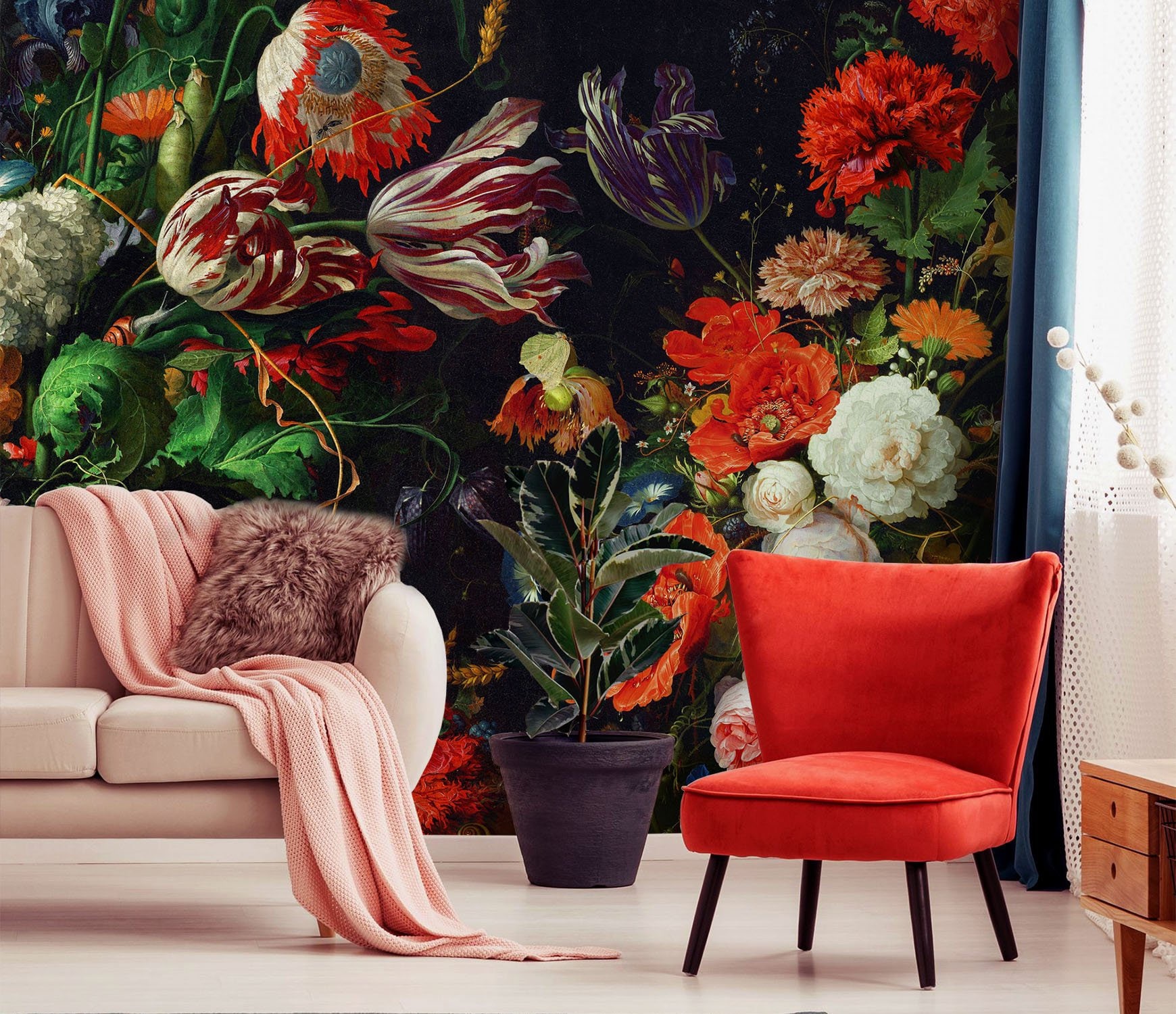Painting Floral Wallpaper Mural, Large Scale Peony and Tulip, Mid ...