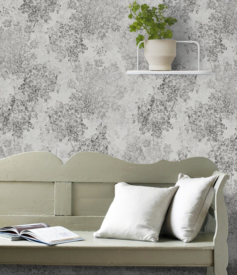 Gray Spring Flowers Wallpaper Peel and Stick Grey Wall Paper Etsy