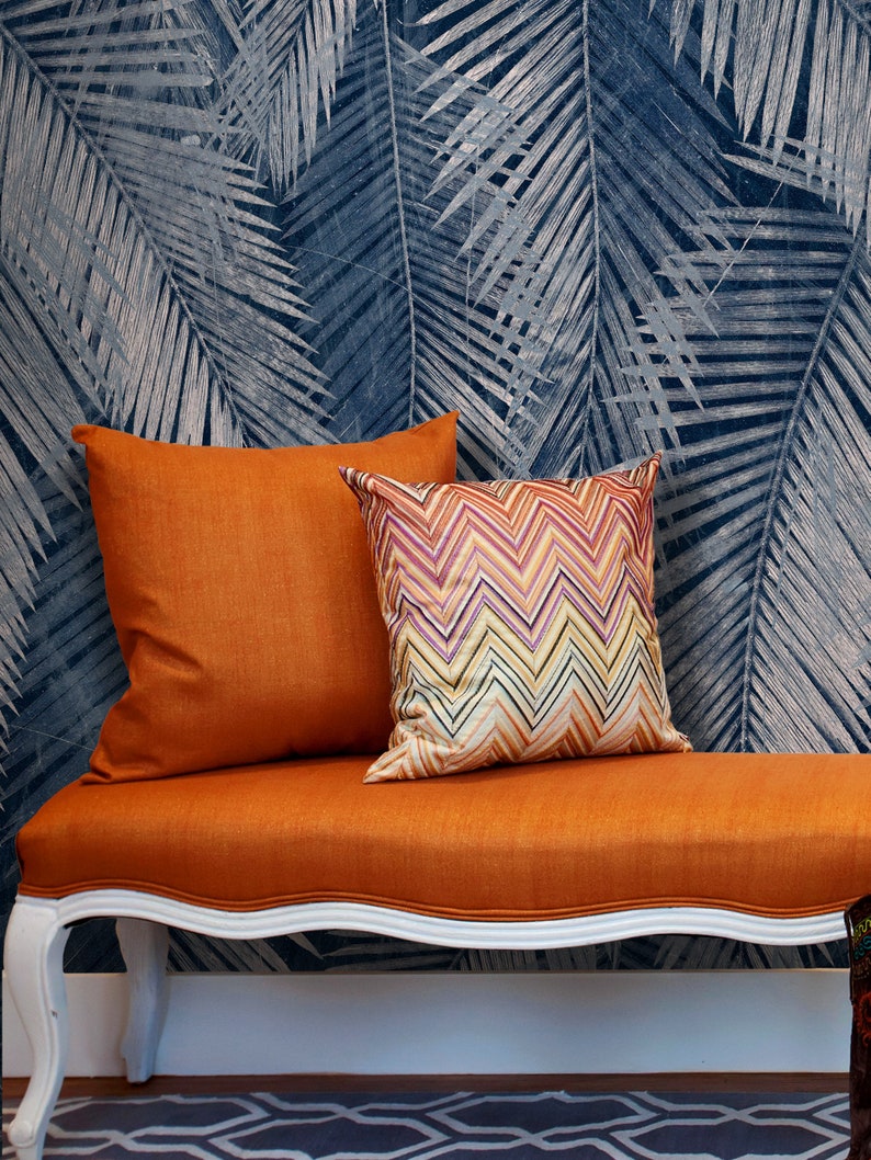 Navy Blue Wallpaper With Palm Frond Leaves Leafy Big Print Etsy