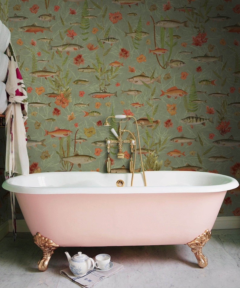 Sage Golden Koi Fish Wallpaper, Bathroom Wall Paper with Tropical Fish, Koi and Salmons Wall Mural Fish Peel and Stick, Vintage Reef Fishes image 2