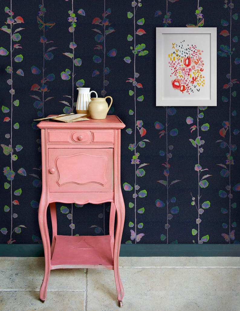 Dark Navy Floral Wallpaper Bold Floral Removable Wallpaper Etsy
