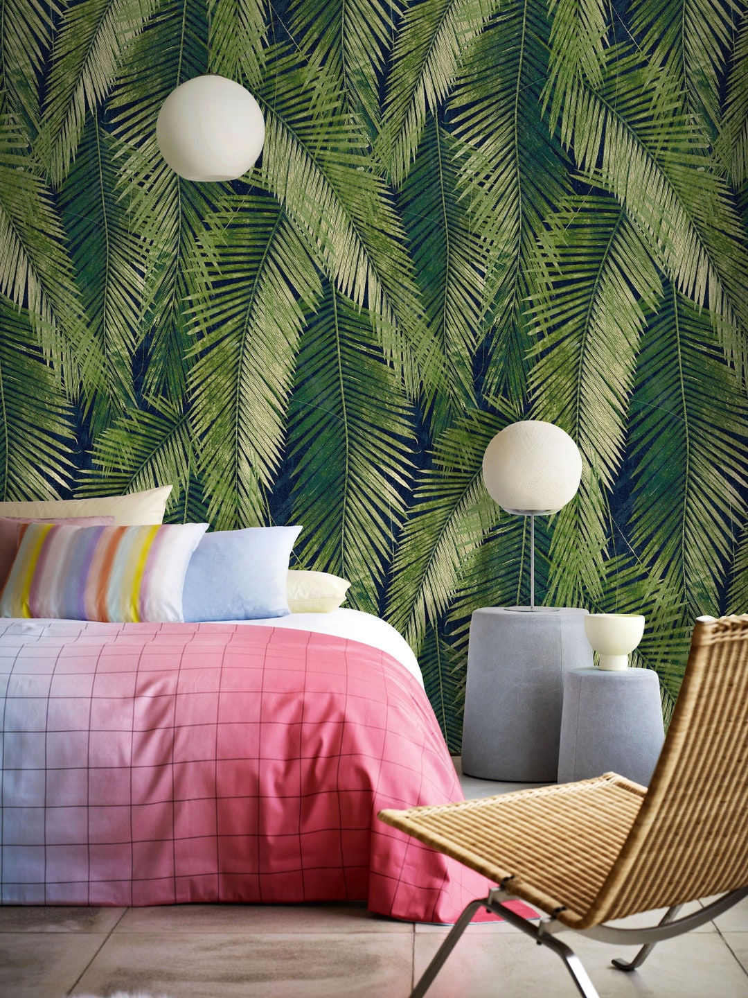 Dark Jungle Large Palm Leaf Wallpaper, Emerald Green Dark Tropical Wall ...