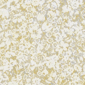 K&ouml;nnte beinhalten: Ein nahtloses Muster mit einem wei&szlig;en floralen Design auf goldenem Hintergrund. Die Blumen sind stilisiert und haben einen Vintage-Look.