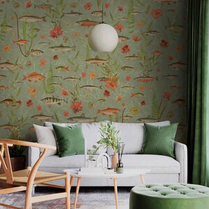 Sage Golden Koi Fish Wallpaper, Bathroom Wall Paper with Tropical Fish, Koi and Salmons Wall Mural Fish Peel and Stick, Vintage Reef Fishes image 4