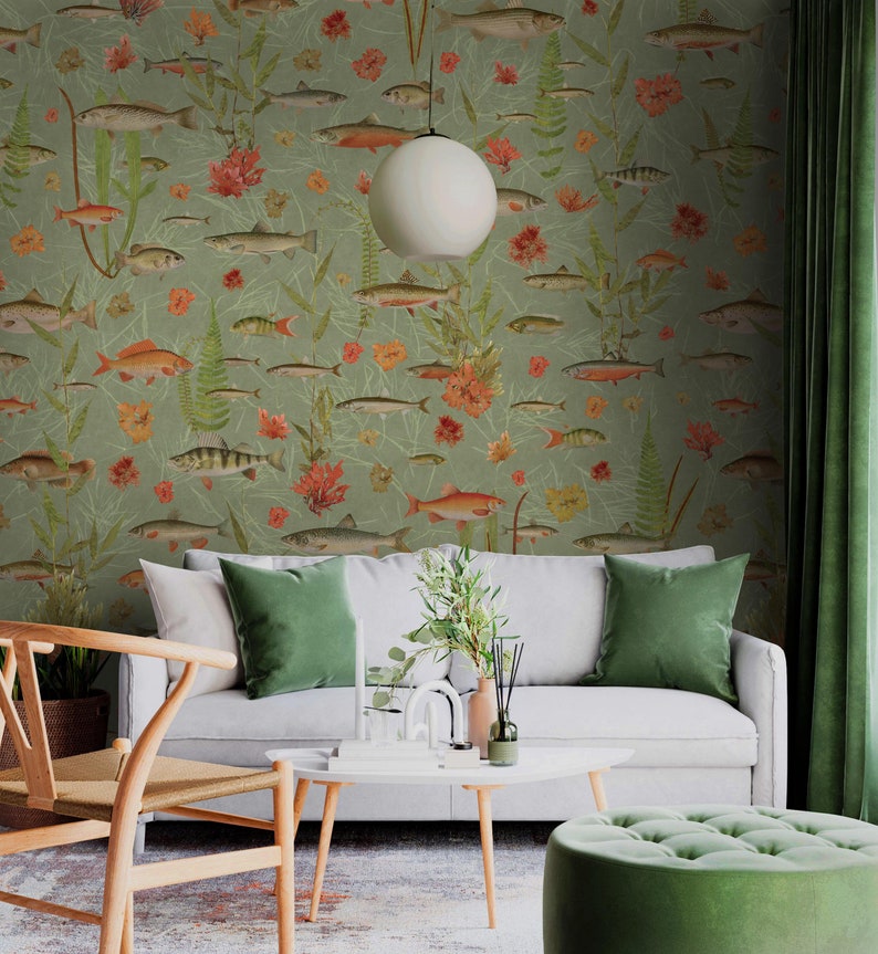 Sage Golden Koi Fish Wallpaper, Bathroom Wall Paper with Tropical Fish, Koi and Salmons Wall Mural Fish Peel and Stick, Vintage Reef Fishes image 4