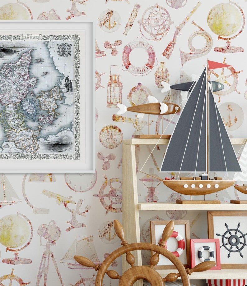 Nautical Retro Wallpaper Watercolor Vintage Wall Mural | Etsy