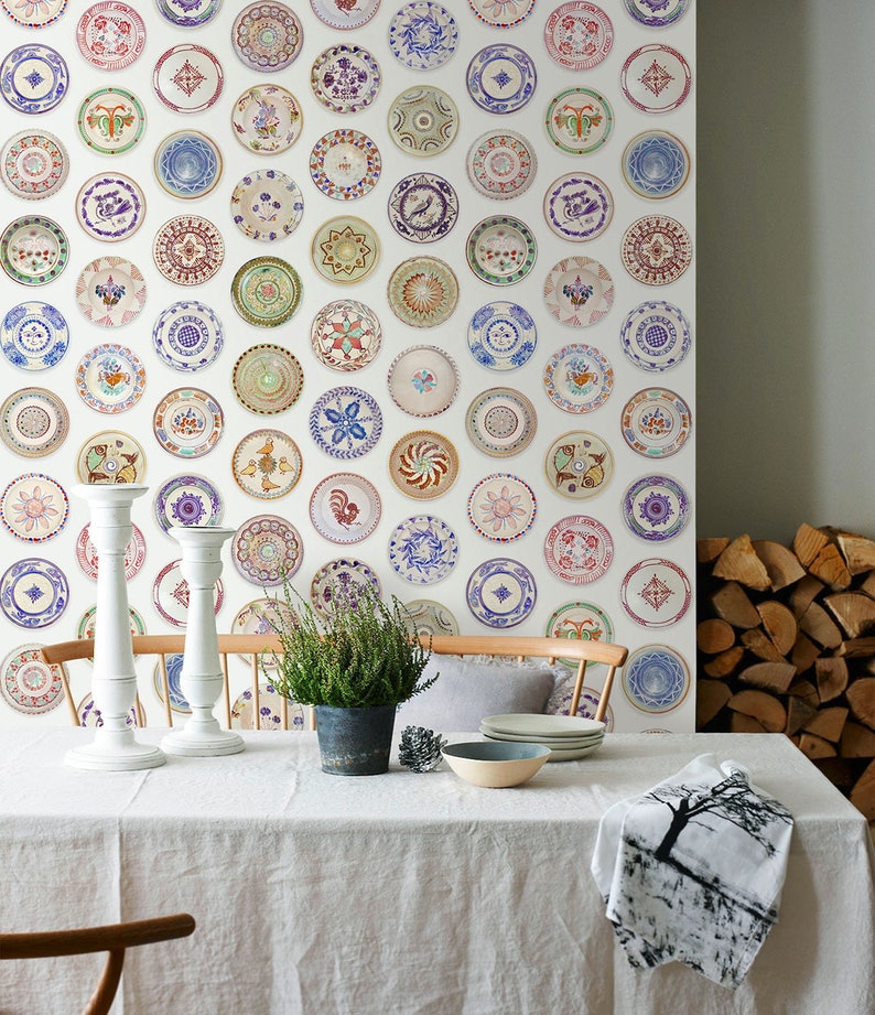 Boho Colorful Plates Cottage Wallpaper, Pastoral Dining Wallpaper with Rustic Plates, Unique Vintage Cottagecore Home Decor image 2