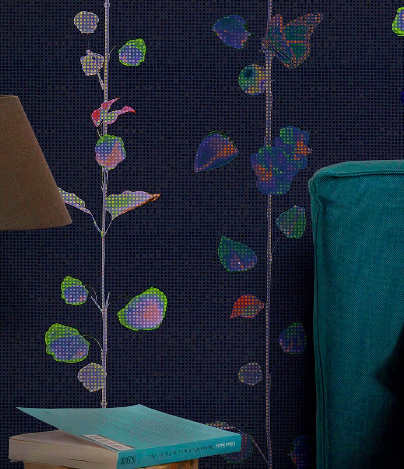 Dark Navy Floral Wallpaper Bold Floral Removable Wallpaper Etsy