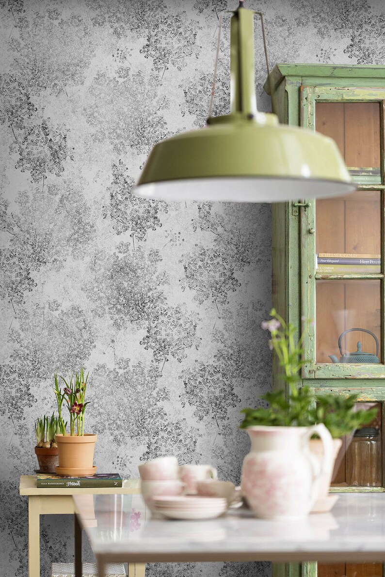 Gray Spring Flowers Wallpaper Peel and Stick Grey Wall Paper Etsy