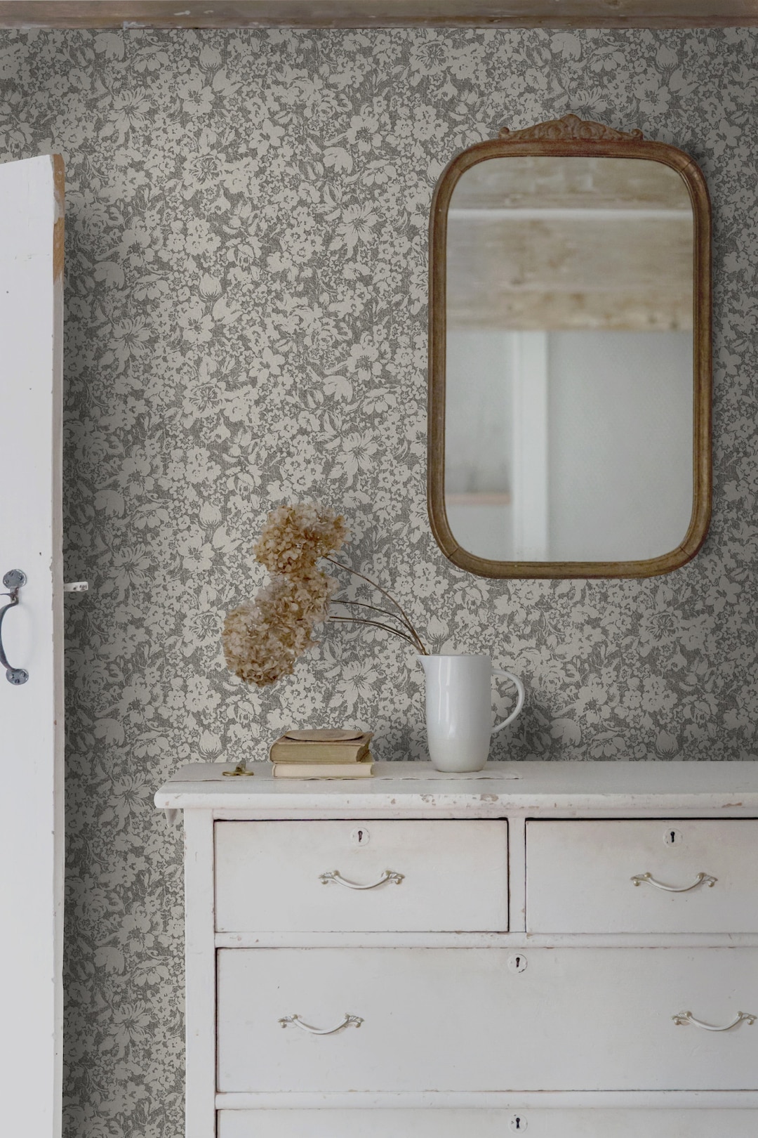 Shabby Chic Vintage Ditsy Floral Wallpaper, Vintage Monochrome Wall Paper With Tiny Flowers