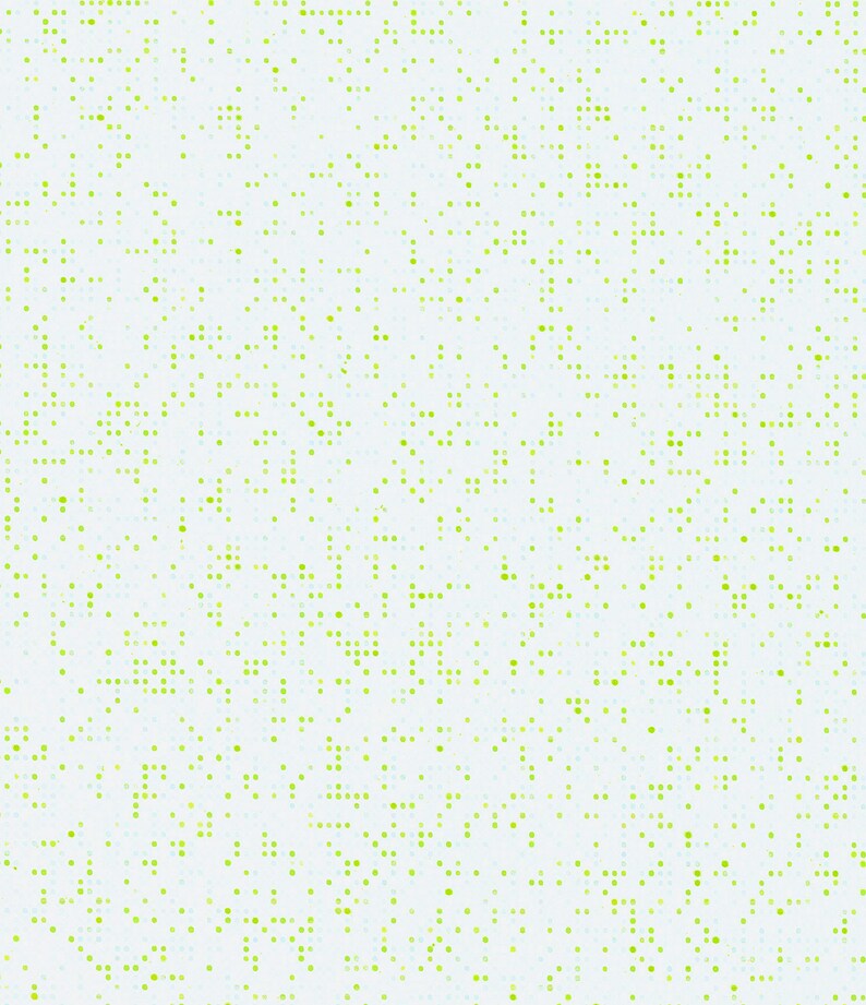 May include: A white background with a random pattern of small green and light blue dots.
