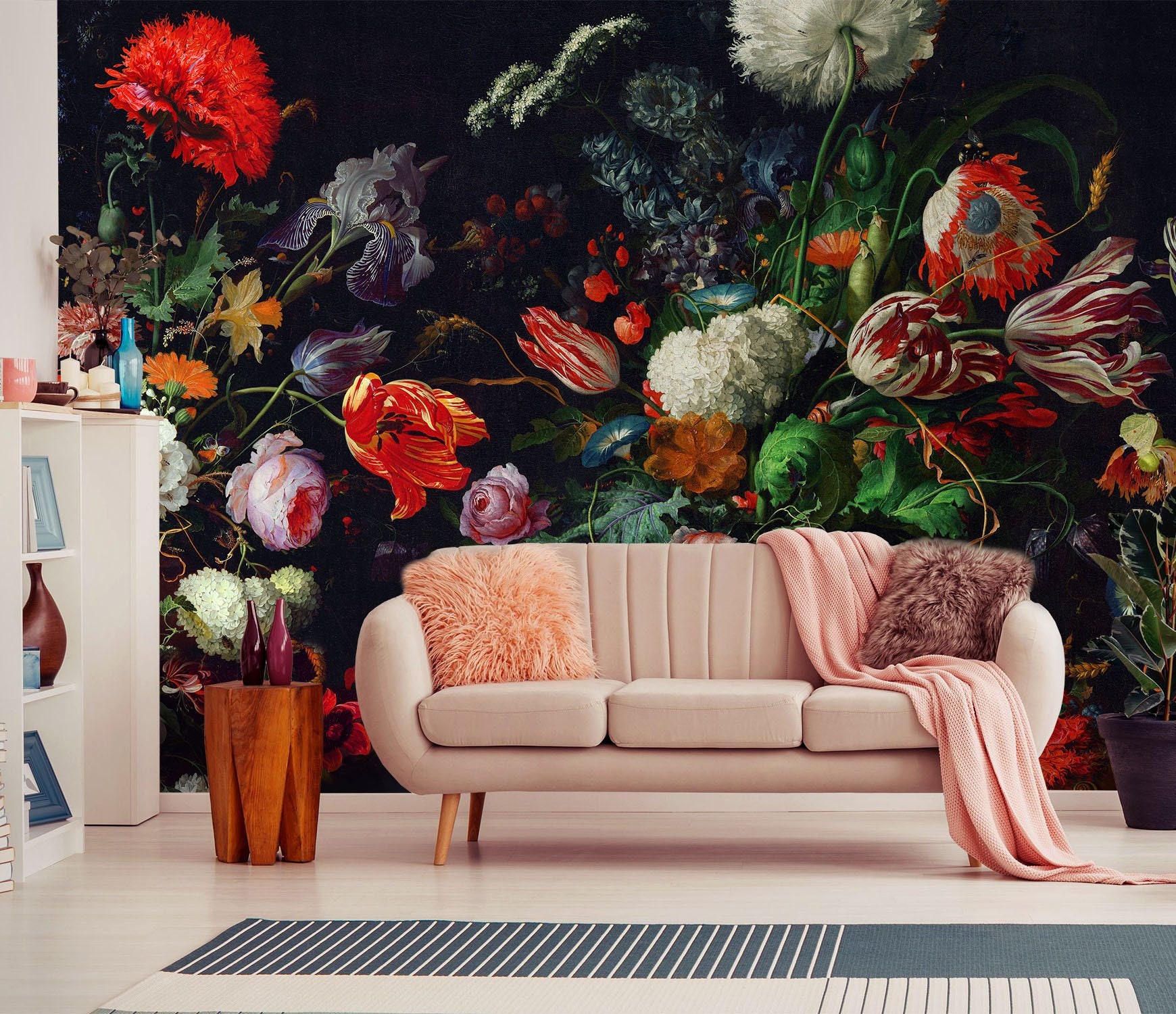 Wallpaper with Peony and Tulip Flowers, Large Black Wall Paper Decor, Designer Wildflowers Wallpaper, Blush Wallpaper Floral Mural