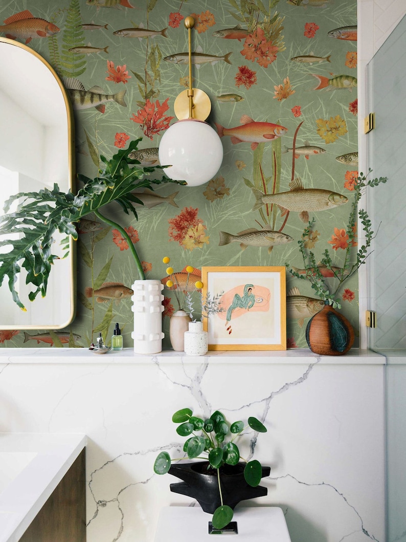 Sage Golden Koi Fish Wallpaper, Maximalist Wall Paper Fishes