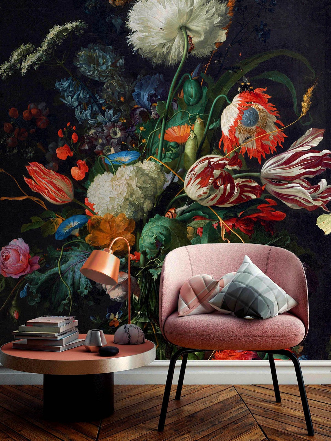 Floral Wall Mural Wallpaper, Dark Dutch Vintage Wallpaper, Peel and ...