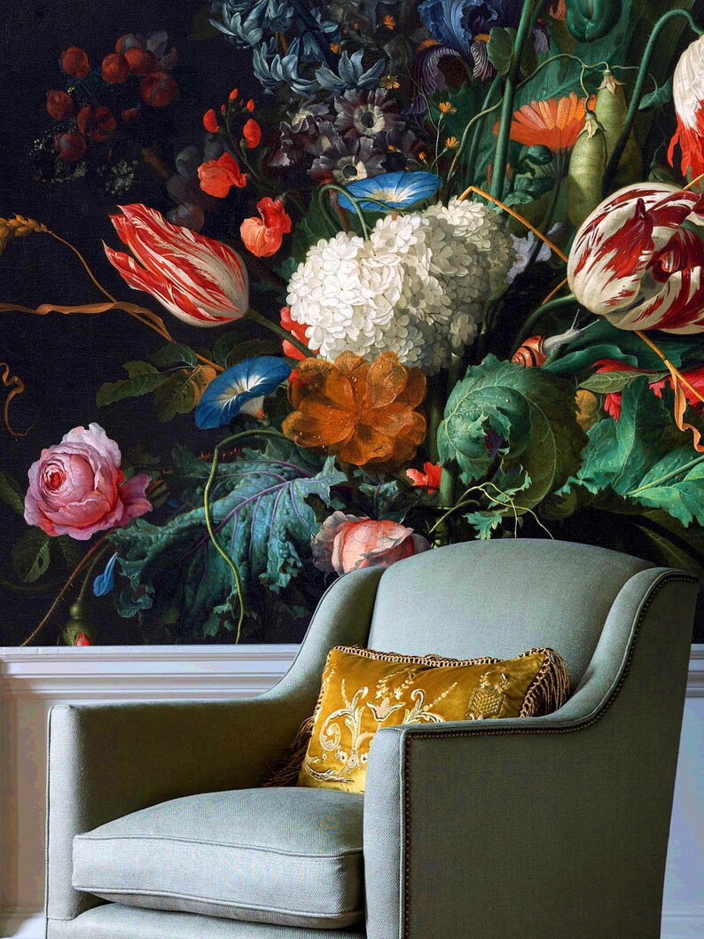 Floral Wall Mural Wallpaper Removable Dutch Vintage Etsy
