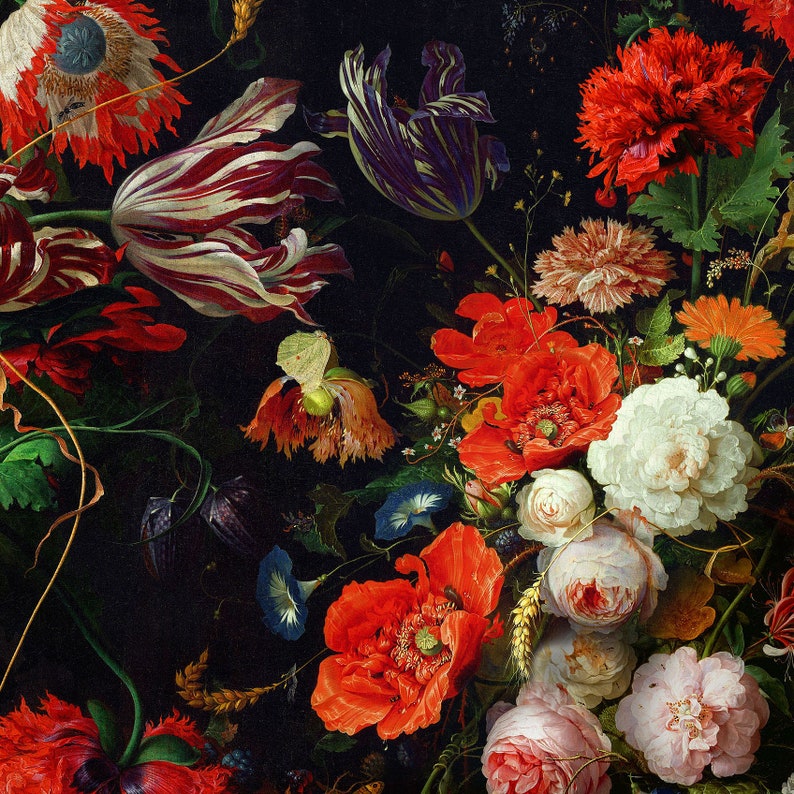 Floral Wall Mural Wallpaper, Dark Dutch Vintage Wallpaper, Peel and ...