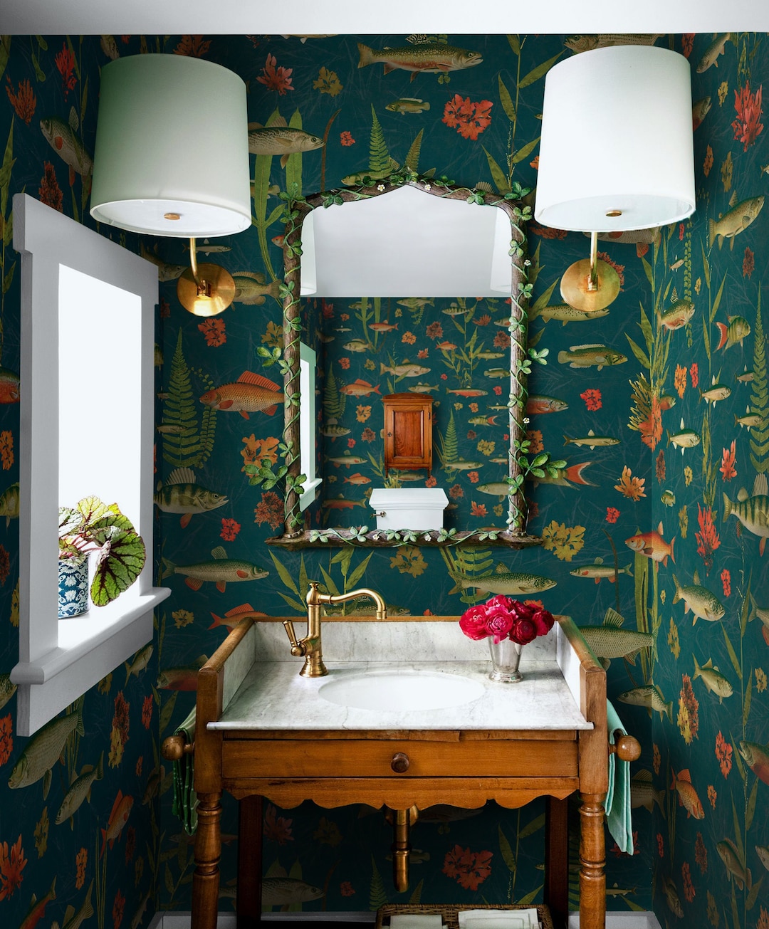 Vintage Teal Koi Fish Wallpaper, Bathroom Golden Wall Paper With ...