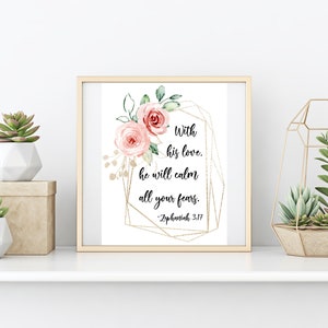 PRINTABLE 5x7&quot; and 8x10&quot;-Zephaniah 3:17 Blush & Gold Geometric Frame Sign