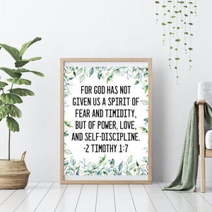 PRINTABLE 5x7&quot;and 8x10&quot;-2 Timothy 1:7 Floral Greenery Watercolor Scripture Sign