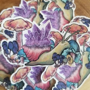 Crystal Snail and Mushroom Sticker, amethyst, vinyl coated, waterproof, scratch resistant, decal