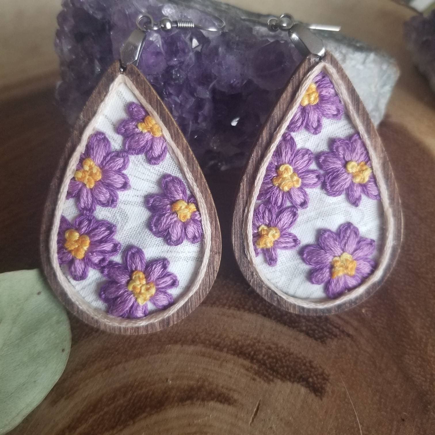 Vintage Style Daisy Earrings Embroidered Purple Flowers on 