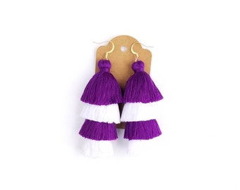 Purple and White Earrings, Purple Tassel Earrings, Stocking Stuffers, School Spirit Earrings