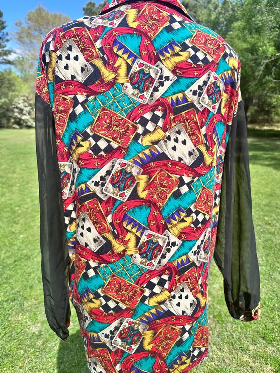 South Coast Vintage Style Playing Card Print Blouse – Bold Casino Graphic Top View 4
