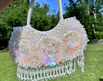 Iridescent Beaded Bridal Purse – Pearl Sequin Mini Bag w/ Fringe | Bachelorette / Bride to Be