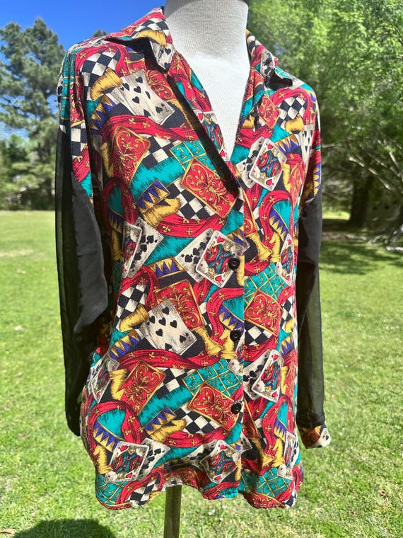 South Coast Vintage Style Playing Card Print Blouse – Bold Casino Graphic Top