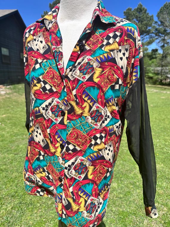 South Coast Vintage Style Playing Card Print Blouse – Bold Casino Graphic Top View 2