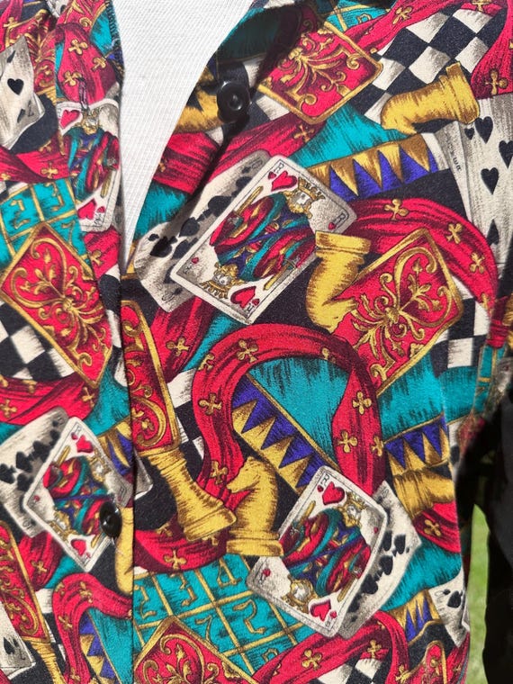 South Coast Vintage Style Playing Card Print Blouse – Bold Casino Graphic Top View 3