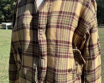 May include: A yellow, red, and green plaid jacket with a zipper closure and two front pockets. The jacket is displayed on a mannequin and has a collared neckline. The fabric appears to be a woven material.